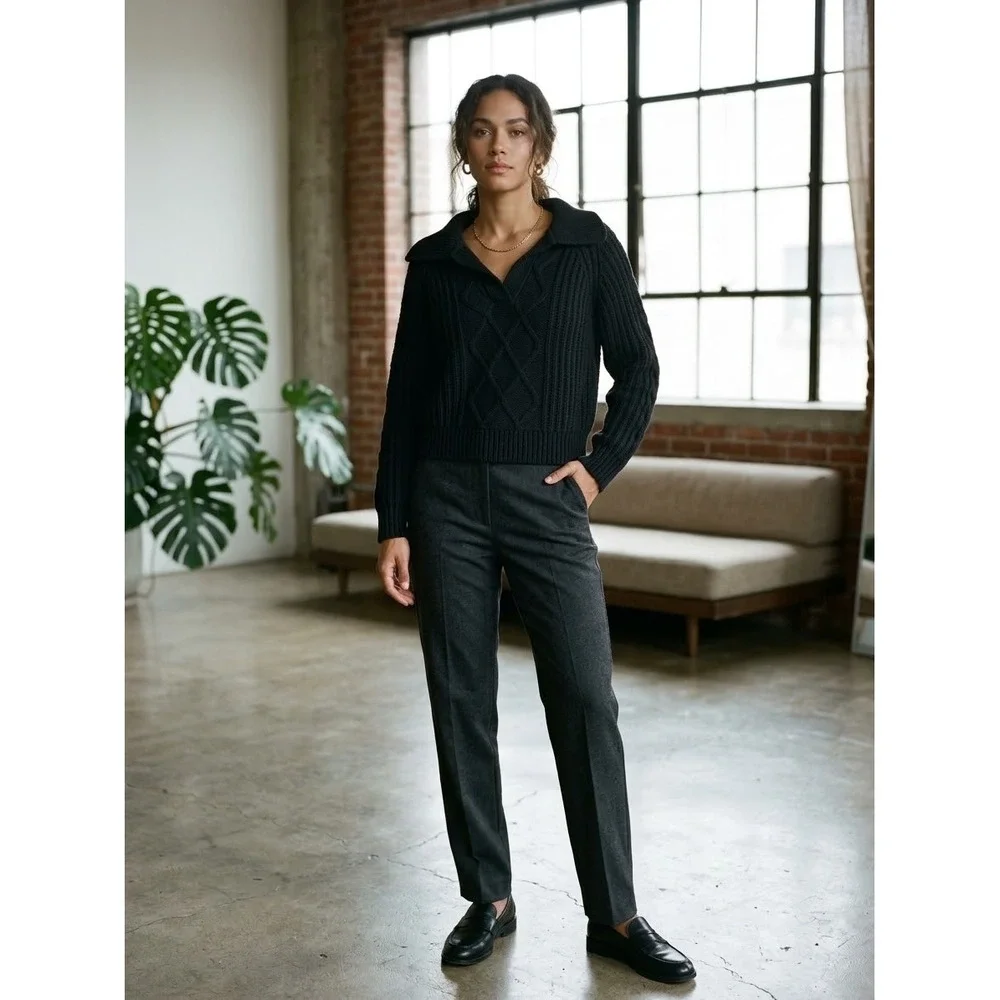 DISSH Black Cable Knit Spread Collar V-Neck Sweater WES04328BK.600 Small